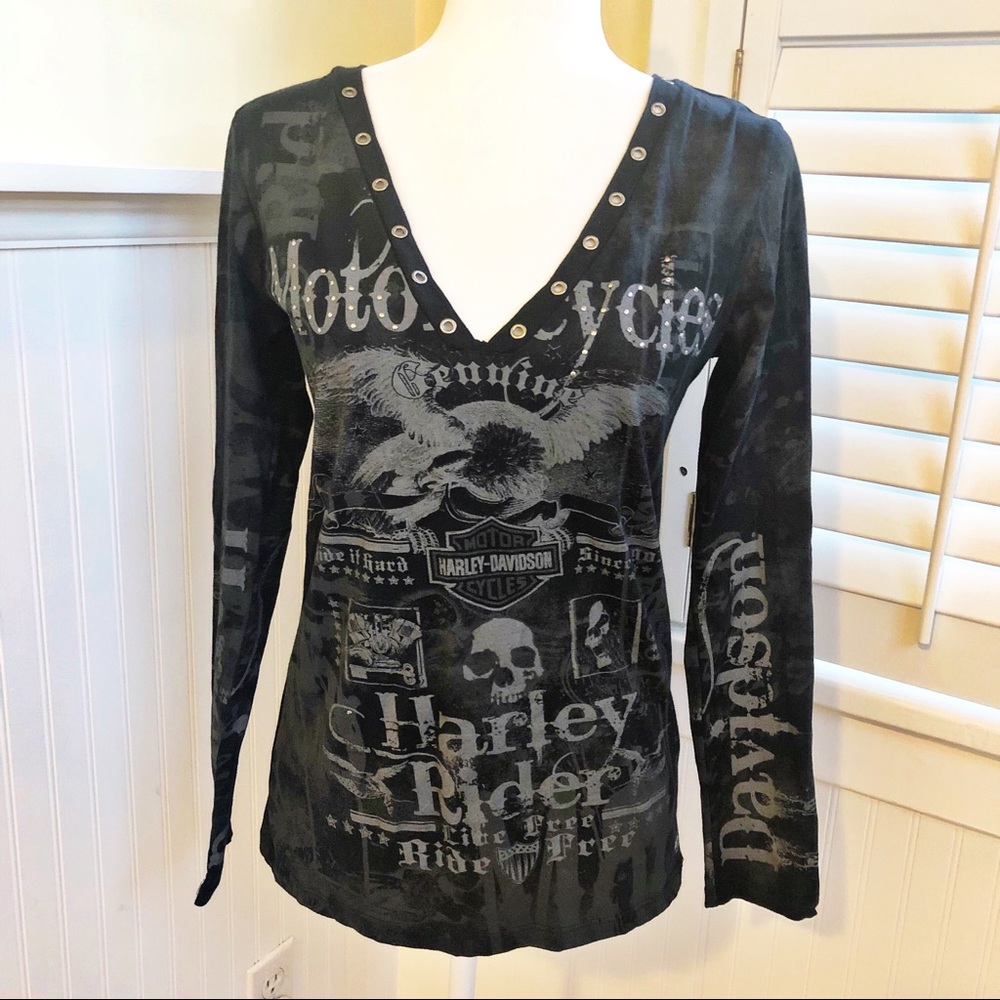 Harley-Davidson Black Studded & Grommet V-Neck Tee